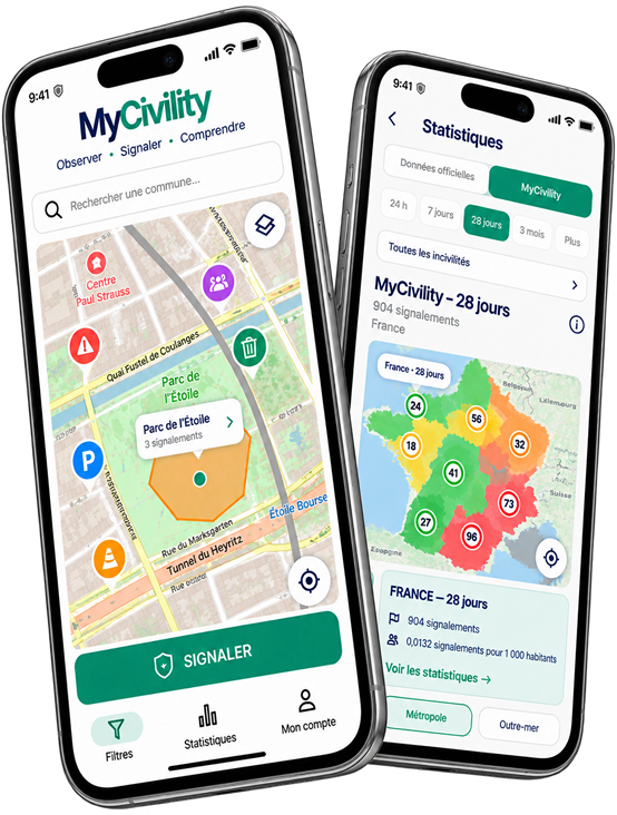 Application MyCivility affichant la carte des incivilités et les statistiques MyCivility en France